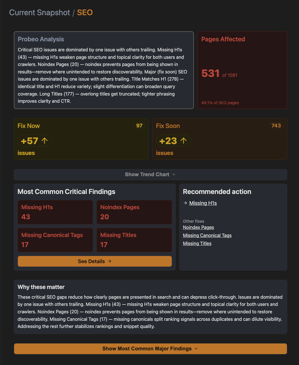 Probeo SEO analysis showing critical findings, pages affected, and recommended actions